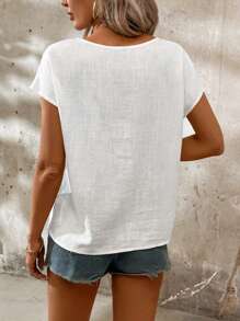 SHEIN LUNE Women's Summer Solid Color V-Neck Off-Shoulder Short Sleeve Casual Shirt