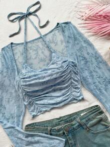 Soleia Áo crop top dài tay có dây đeo trong kỳ nghỉ dành cho nữ - Màu xanh lam - Xem 3