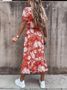 SHEIN LUNE Vestido feminino com mangas bufantes, decote V com botões, estampa floral na parte da frente, fendas nas laterais e comprimento midi, ideal para usar em férias. - Multicolorido - Visão 2