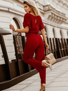 Solid Batwing Sleeve Belted Jumpsuit