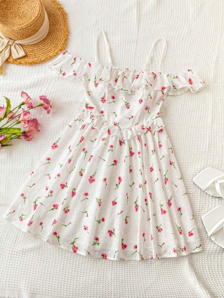 Women's Vacation Summer Romantic Casual Cute Fresh Graduation Season Wedding Season Back-To-School Season Party-Lunch Garden Afternoon Tea Floral Hollow Out Embroidery Off Shoulder Ruffle Hem Strap Sundress