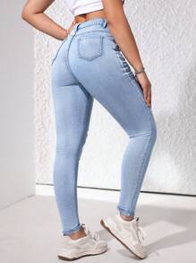 SHEIN EZwear Women's Fashionable High Waisted Distressed Denim Pants For Daily Wear