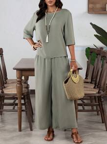 EMERY ROSE 2pcs/Set Women Solid Color Elegant Round Neck Elbow Sleeve Green Wide Leg Pants