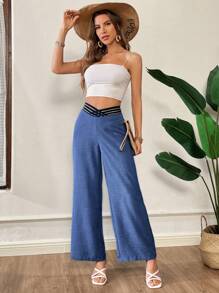 SHEIN Essnce Women's Summer Blue Denim Effect Fashionable V-Shaped Asymmetrical Waist Design Loose Wide-Leg Pants