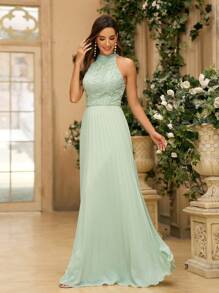 SHEIN Belle Women's Elegant Green Featuring Full Lace Patchwork Pleated Hemline Water-Soluble Embroidery Halter Neck Open Back And A-Line Cut Suitable For Wedding Mother's Day Music Festival Back To School Season And Other Formal Occasions Bridesmaid Dress