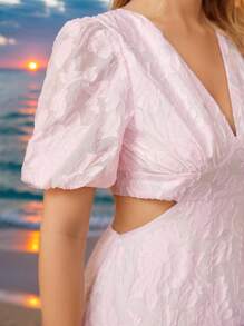 GENKIRA Vintage thanh lịch 3D Họa Tiết Hoa Vải Cổ Chữ V Tay Phồng Đầm Ngắn Có Dây Thắt Lưng Và Đầm Chữ A Dành Cho Nữ Công Sở - Hồng - Xem 6