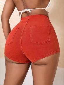 SHEIN SXY Plus Size Women's Sexy Stretchy Denim Shorts, Red - Red - View 2