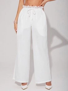 Sweetina Pantalones anchos de pierna ancha de textura de encaje a ganchillo con ajuste suelto de estilo casual Y2K, pantalones blancos de verano, atuendo para conciertos, atuendo de verano