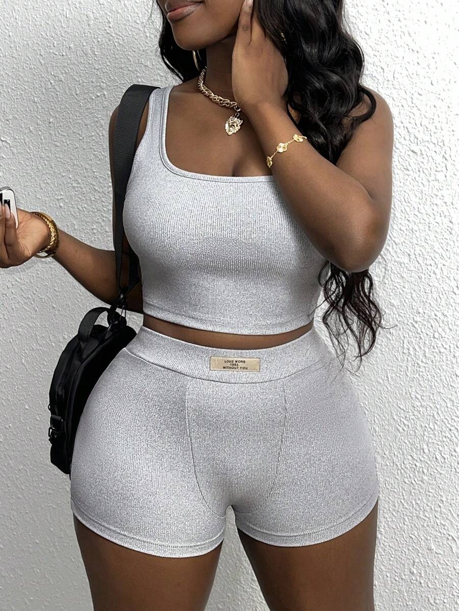 Slaydiva Bộ đồ thể thao thường ngày gồm áo tank top gân và quần short ôm sát dành cho nữ, thích hợp mặc ở nhà và hàng ngày, size Z. - Xám - Xem 1