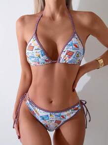 SHEIN Swim مجموعة بكيني منفصلة 2قطعة (طباعة عشوائية)، حقوق الطبع والنشر مشتراة للشاطئ الصيفي - متعدد الألوان - مشاهدة 1