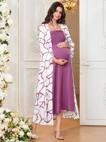 SHEIN Maternity Elegant, Youthful, And Mature Ribbed Open-Front Jumpsuit With Drawstring And Strap, Loose-Fitting, 2pcs/Set - Dusty Pink - View 4