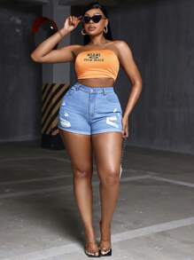 SHEIN SXY Plus Size Tight Elastic Distressed Frayed Denim Shorts For Summer - Blue - View 6