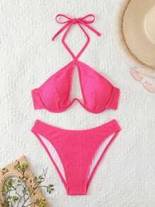 SHEIN Swim 夏季纯色纹理镂空钢圈挂脖比基尼套装 - 玫紅色 - 查看 5