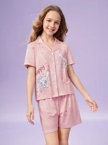 2 件套 Tween 女童粉色简约可爱印花短袖开衫和短裤家居服 - 彩色 - 查看 4