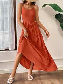 SHEIN Essnce Women's Orange Woven Neckline & Lace Splicing A-Line Casual Dress With Spaghetti Straps For Summer