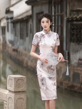 Elegant Vintage Floral Print Stand Collar Cheongsam Dress With Buckle, Summer