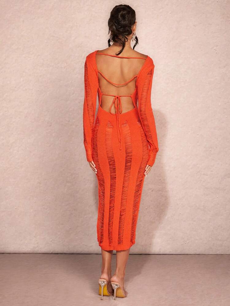 Women Sexy Bodycon Sweater Dress With Distressed Details