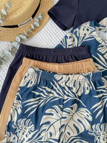 6pcs Young Boy Casual Striped & Leaf Print Short Sleeve T-Shirt With Elastic Waist Shorts, Holiday Outfits