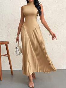 Firerie Vestido elegante de línea A ajustado y plisado para mujer - Caqui - Ver 1