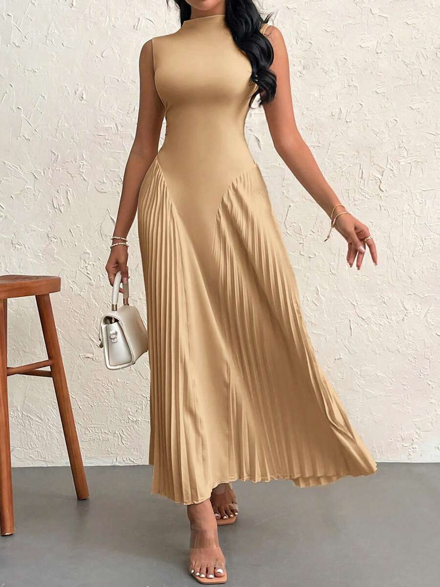 Firerie Vestido elegante de línea A ajustado y plisado para mujer - Caqui - Ver 1