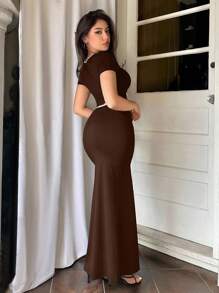 Aloruh 夏季情人節蝴蝶結綁帶短袖上衣和魚尾裙套裝，假日穿著 - 咖啡棕 - 查看 4