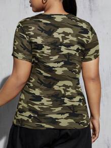 SHEIN Essnce Women Plus Size Camo Short Sleeve T-Shirt, Round Neck With Hollow Out, Casual And Fashionable, For Summer - Army Green - View 2