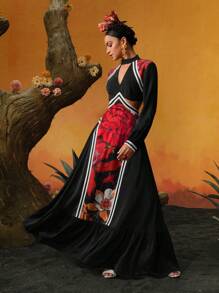 Frida Kahlo X SHEIN X Designer ISELACOS Vestido de línea A con escote de ojal, diseño de cintura calada y volante en el bajo, en estampado floral patchwork, para festival