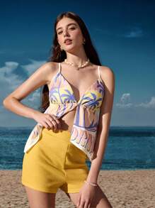 Garabateo 艺术家度假休闲印花短款吊带背心，适合女士、假期、节日 - 彩色 - 查看 6