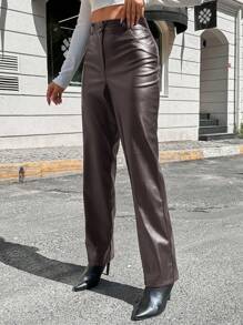 EURMUSE Women'S Straight Pu Leather Pants - Brown - View 3