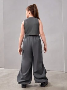 SHEIN Tween Girl Extended Size Casual Knit Solid Color Sleeveless Tank Top And Cargo Pants Set For Spring/Summer - Grey - View 2