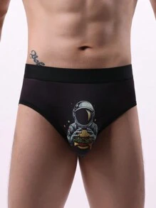 Men's Cartoon Astronaut Printed Briefs - Black - View 3