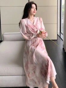 DAZY 女士长袖花卉印花连衣裙，设计独特，休闲女装，秋季连衣裙