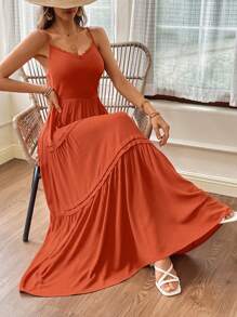 SHEIN Essnce Women's Orange Woven Neckline & Lace Splicing A-Line Casual Dress With Spaghetti Straps For Summer