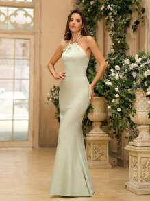 SHEIN Belle Elegant Women's Green Satin Halter Neck Pleated Backless Mermaid Bridesmaid Dress - Green - View 5