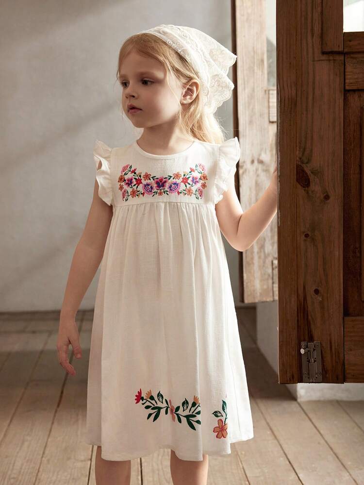 Young Girl Casual Floral Pattern Round Neck Ruffled Waist Dress