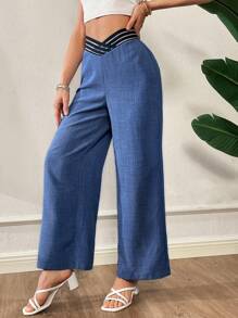SHEIN Essnce Women's Summer Blue Denim Effect Fashionable V-Shaped Asymmetrical Waist Design Loose Wide-Leg Pants