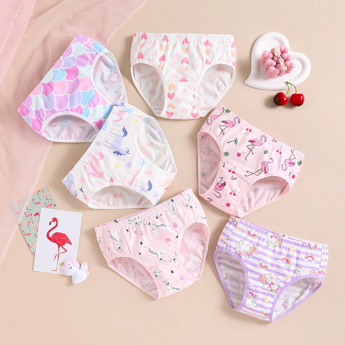 Ropa interior linda para niña con impresión de unicornio y corazón, detalles de escala, Paquete de 6
