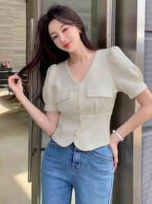 DAZY Women's Elegant Solid Color V-Neck Puff Sleeve Blouse For Summer Preppy Tops - Beige - View 4
