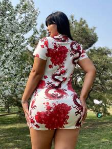 Flirla Plus Size Chinese Style Stand Collar Short Sleeved Women Dress