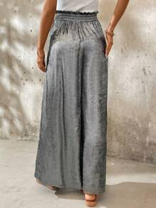 SHEIN LUNE Pantalones plateados casuales de pierna ancha con bolsillos para verano - Plateado - Ver 2