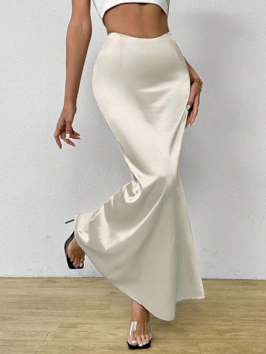 Firerie Bardzo długa, satynowa spódnica z wysokim stanem - Morela - Zobacz 1