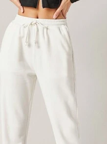 RueChic 素色腰部抽繩斜口袋衛褲 - 白色 - 查看 4
