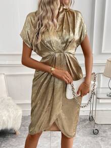 Chiquease Ladies' Metallic Pleated Design Fashionable Dress - Gold - View 5