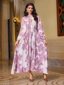 Pink Long Sleeve Arabic Printed Pleated Lantern Sleeve Dress For Women - Pink - View 6