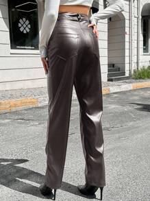 EURMUSE Women'S Straight Pu Leather Pants - Brown - View 2