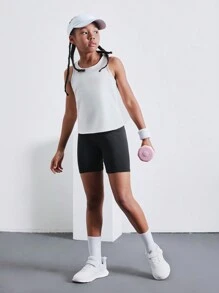 SHEIN Tween Girl Knitted Color Block Cross Back Vest And Shorts Sports 2pcs Outfits - Multicolor - View 3