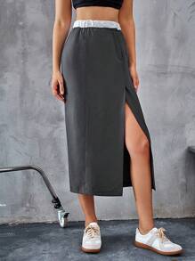 Aveloria Affinna Summer Casual Color-Block Elastic Waist Ruched Slit Design Skirt