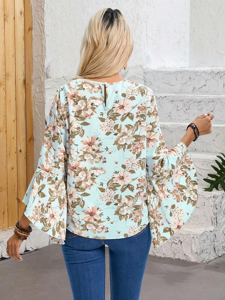 Floral Print V-Neck Ruffle Sleeve Casual Women's Shirt