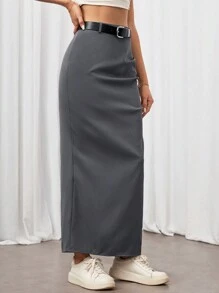 SHEIN Tall Women's Solid Color High-Waisted Half-Body Skirt With Side Slit - Grey - View 7