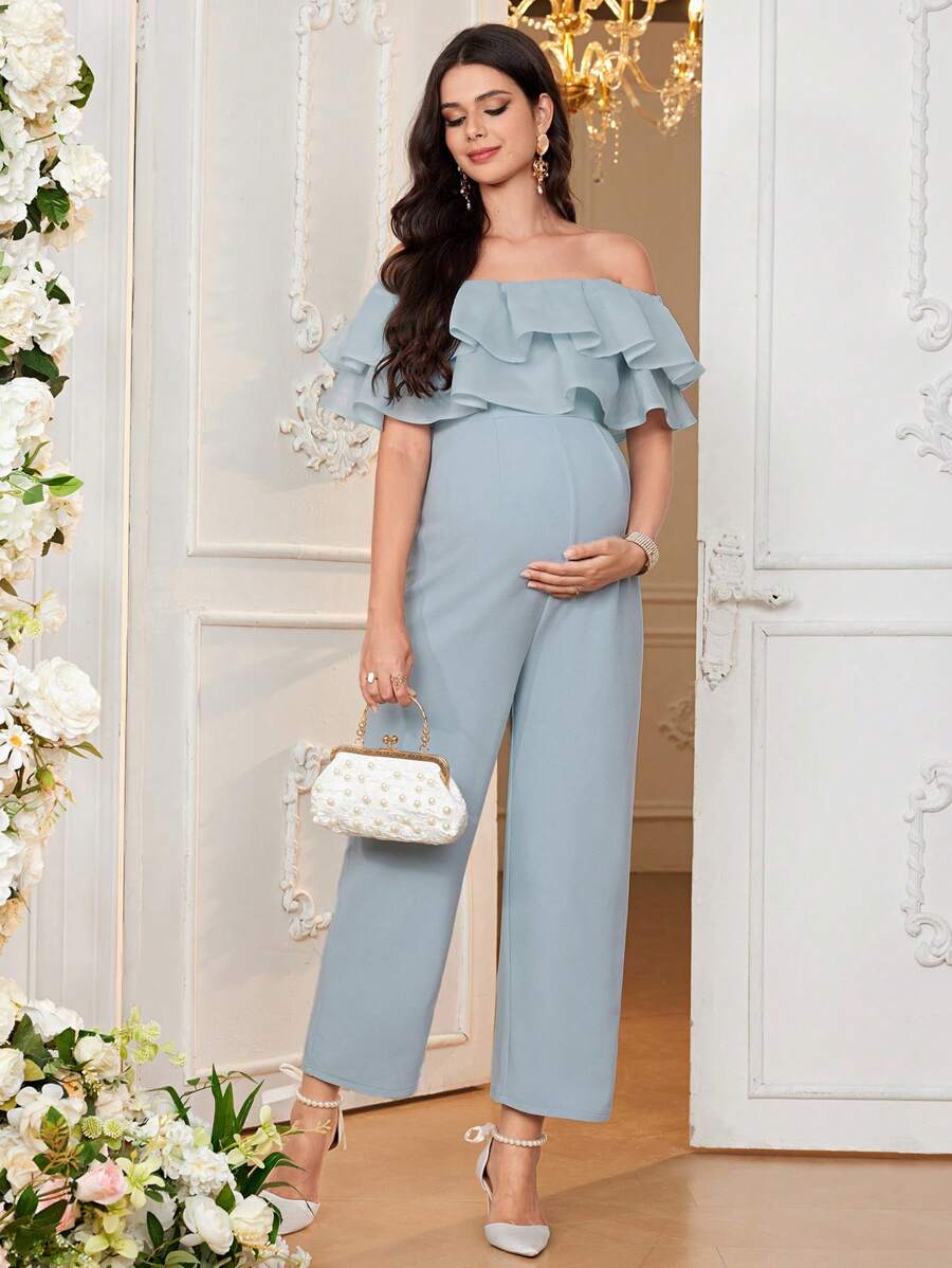 SHEIN Maternity Cozy Afternoon Leisure Off Shoulder Knit Solid Color Splicing Double Layered Ruffle Long Jumpsuit - Baby Blue - View 1